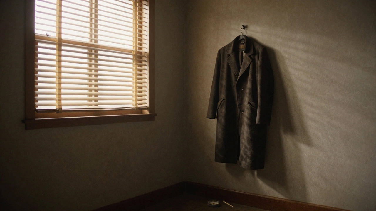 An empty backroom corner at dawn with a coat on a hook and a single matchstick beside an ashtray.